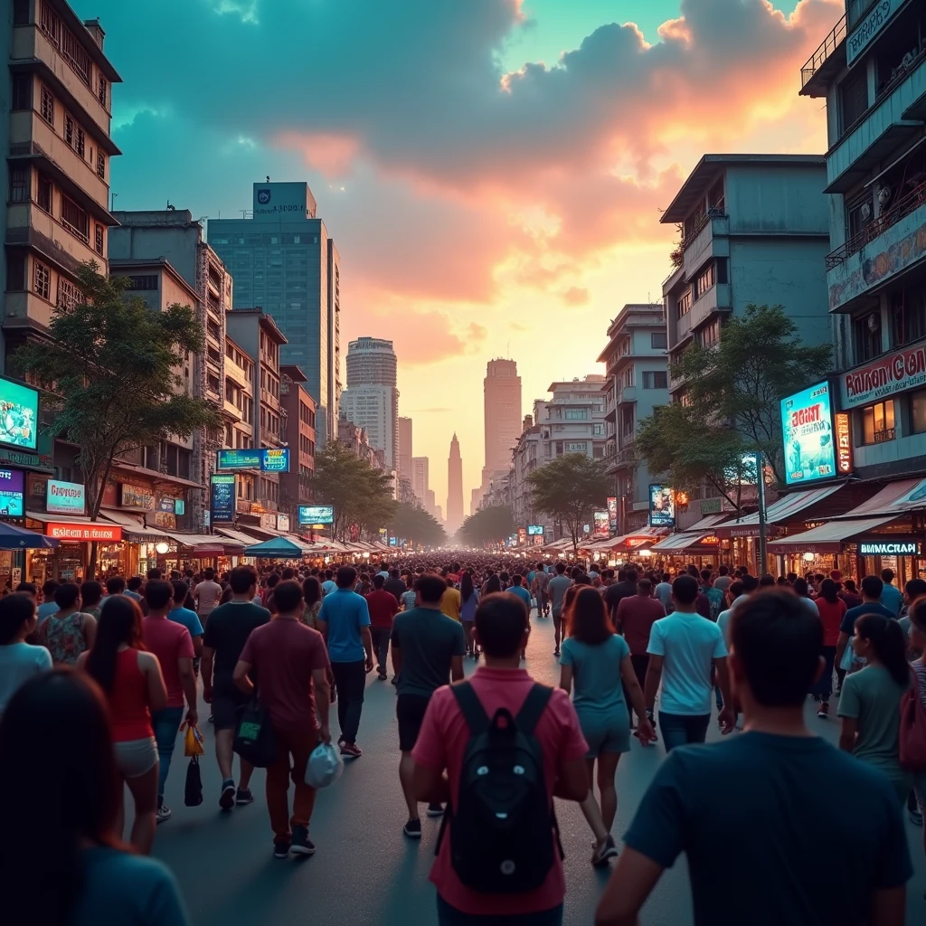 "A dynamic hyperlapse capturing the energy and excitement of daily life, featuring a lively urban scene transitioning from day to night. The video should showcase fast-paced movement through vibrant city streets, iconic landmarks, and bustling crowds, ending with a stunning sunset or night skyline. The overall feel should be energetic, engaging, and reflective of the everyday adventure that resonates with the spirit of your entertainment and vlog content." Look like Bangladesh people