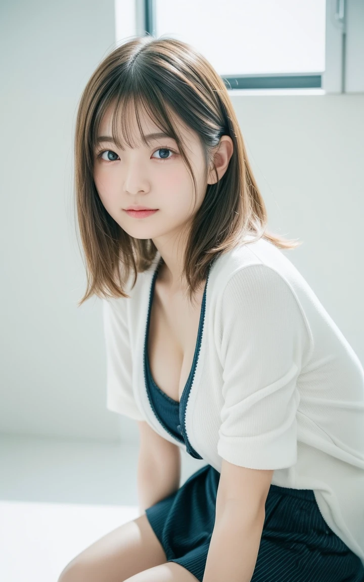 (8k、Live Action、RAW Photos、Highest quality、masterpiece:1.2),(Photo studio on white background,Front lighting:1.2),((Clamshell Lighting)),(濡れたhair),Observe the audience,Strike a pose for the camera, strong,1,student,White skin,knees,Small face,前hairを真ん中から分けます、The forehead is visible,skinny,skinny)、masterpiece,Highest quality、Ultra-high resolution,One person, One personで、cute、studentに戻る,(Clothes for photo shoots:1.3),High school student,Japanese women,(フォトGenuine:1.37)、Photon Mapping,Genuineistic、cuteSmall face,Brown eyes、prospect、Written boundary depth、Blurred Background、Genuine,(前hairが見える), hair, kneesが見える, thigh,(Nogizaka Idol), actress、Big and ample breasts、Cleavage、Super Fine、Low people々、(Skin with visible pores:1.2)、(Focus on the face)、Natural Neck、Check and fix the skeleton