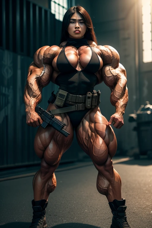 Photorealistic, high resolution, 1 malay woman, Solo, Hips up, Battlefield background,view the viewer, (Detailed face), Nude, naked in public, sniper rifle handle, muscles shredded, bulletproof vest, Holding an assault rifle, M16, Inside the city, Very detailed, Perfect face, Black eye, jewelry, (full body view), Lifelike