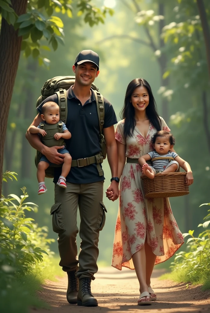 Create a realistic couple: a young and attractive dad, grayish eyes, with a black cap, black polo shirt, Cargo pants with tactical boots, backpack on his back with stuff, a front babyrier with a baby, In of her hands a basket with another baby. His wife is at his side., a young woman with black hair,straight and long, attractive, wearing a floral dress, Carrying a basket with a baby and a ft in the background.