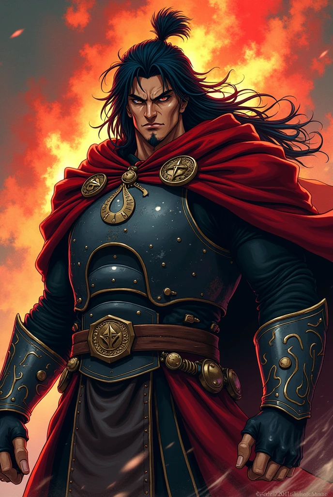 Create an image of a fierce warrior depicted in guts from berserk 90s anime style. The warrior should have a determined expression, with sharp, intense eyes and a strong, confident pose. Outfit the warrior in detailed, traditional armor, including a flowing cape and ornate, battle-worn details. The color palette should feature bold, vibrant colors with high contrast, and the background can include dramatic action lines or effects to emphasize the warrior's energy and strength.