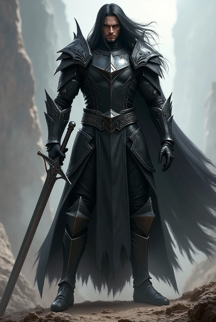 create a black haired helmetless black armored warrior token with a long sword