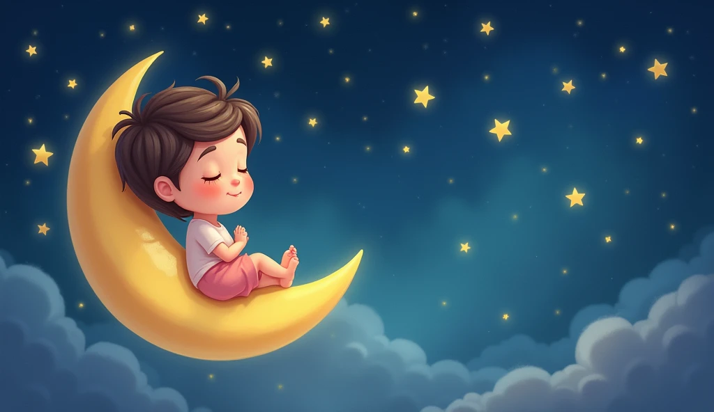 a child listens to a lullaby and sits tenderly on a crescent moon in a fairytale space, and there are many stars around, cartoon child sleeps with eyes closed