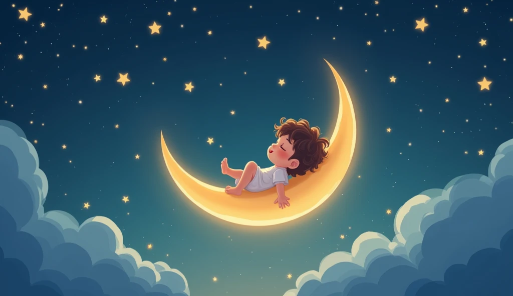 a child listens to a lullaby and sits tenderly on a crescent moon in a fairytale space, and there are many stars around, cartoon child sleeps with eyes closed