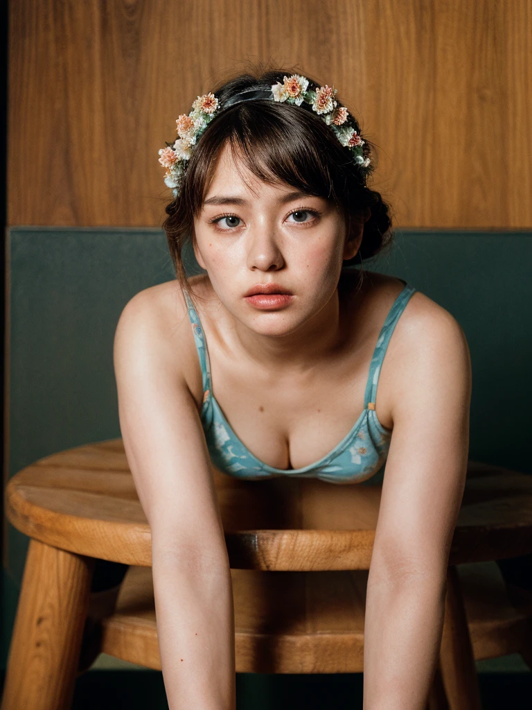 (High quality photo:1.5), 1woman, a 25y very pretty hongkong woman with a horny expression wearing a beauty floral crown, (sexy sitting astride on a wood stool:1.2), wearing patterned woolen blanket, (chubby:1.3), (perfect hairstyle:1.4), (natural face:1.2), natural warm soft light, (indoor:1.2), (dynamic pose:1.4), facing camera,  abstract paint art background:1.4), (still life fashion photography:1.5), (dark moody:1.3), dramatic, real moment, real object, (ultra highly detailed:1.5), (ultra realistic:1.5), detailed face and eyes, (real skin:1.3), (dynamic shadow:1.4), (full body shot:1.4), (dynamic angle:1.4), soft focus, shot by mamiya R67, kodacrhome, surreal composition