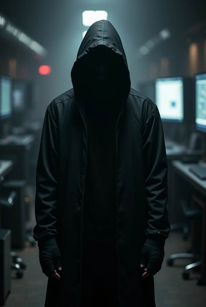 Make a man, all black, dark, with a mask, hacker theme