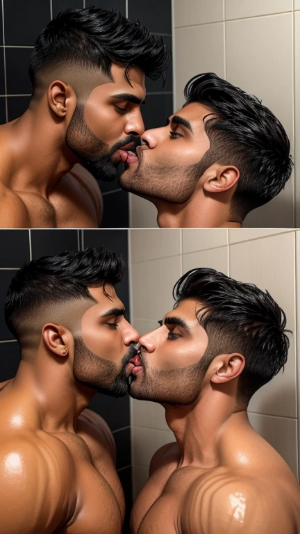 Pehlwan man Indian Gurjar gay couple wetty mouth to mouth tounge to tounge kissing and sucking lower lip, bitting lower lip during kissing saliva dripping from mouth with big shinning eyes big lips wide jawline beautiful hunk face spiky black hairstyle, seductive kissing in bathroom during water running from shower 