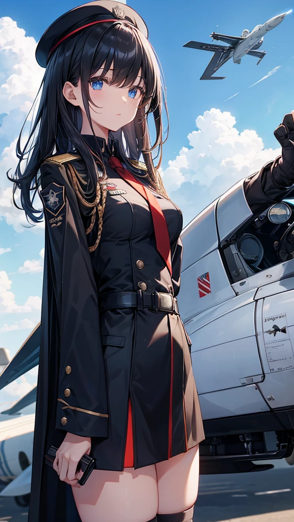 Commander Woman、beautiful、Near future、upright、Salute with your right hand、Left hand lowered、Black military uniform、Black Cape、Black Mini Tight Skirt、Black military boots、Black Stockings、Black Hair、(Deep blue eyes、beautiful二重)、thin black tie、Slender body、Black Beret、Wings Medal、Rank insignia on shoulder、He has a gun、(Blue sky and white clouds on background、Fighter plane in the background)