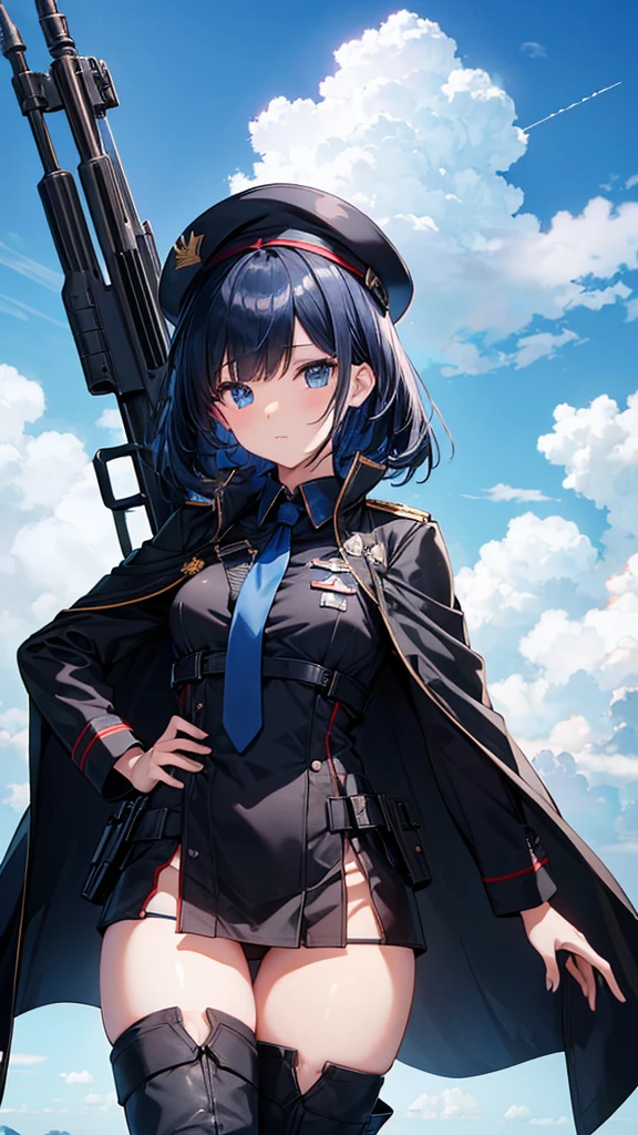 Commander Woman、beautiful、Near future、upright、Salute with your right hand、Left hand lowered、Black military uniform、Black Cape、Black Mini Tight Skirt、Black military boots、Black Stockings、Black Hair、(Deep blue eyes、beautiful二重)、thin black tie、Slender body、Black Beret、Wings Medal、Rank insignia on shoulder、He has a gun、(Blue sky and white clouds on background、Fighter plane in the background)