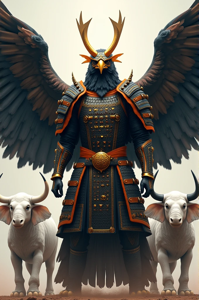 Eagle with black and orange samurai warrior armor below the eagle, next to a white elephant and a white bull that are his servants
