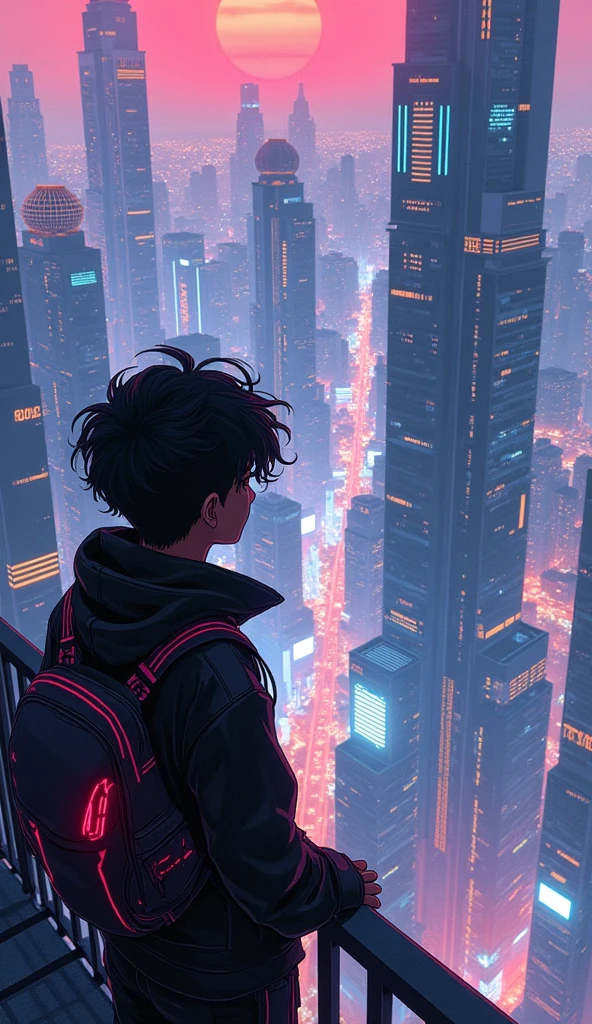 anime cyberpunk theme age boy looking at the city from a balcony of a skyscrapers overlooking a city(wide angle view)(glowing effect), makoto shinkai cyril rolando, makoto shinkai. —h 2160, style of afrofuturism aerial view,, ( ( makoto shinkai ) ), makoto shinkai. digital render, makoto shinkai!, beautiful anime scene A cyberpunk city street scene with full of neon lights, and futuristic buildings,The atmosphere is vibrant and bustling with people in high-tech attire, high resolution, captured in crisp detail, The background features a neon-lit cityscape, giving the cyberpunk atmosphere a touch of intimacy and tenderness, eye-level camera angle --s 250 --v 6.0 --no 3D effect, photorealistic.Hawaii, gta vice style , illustration , reteo comic illustration