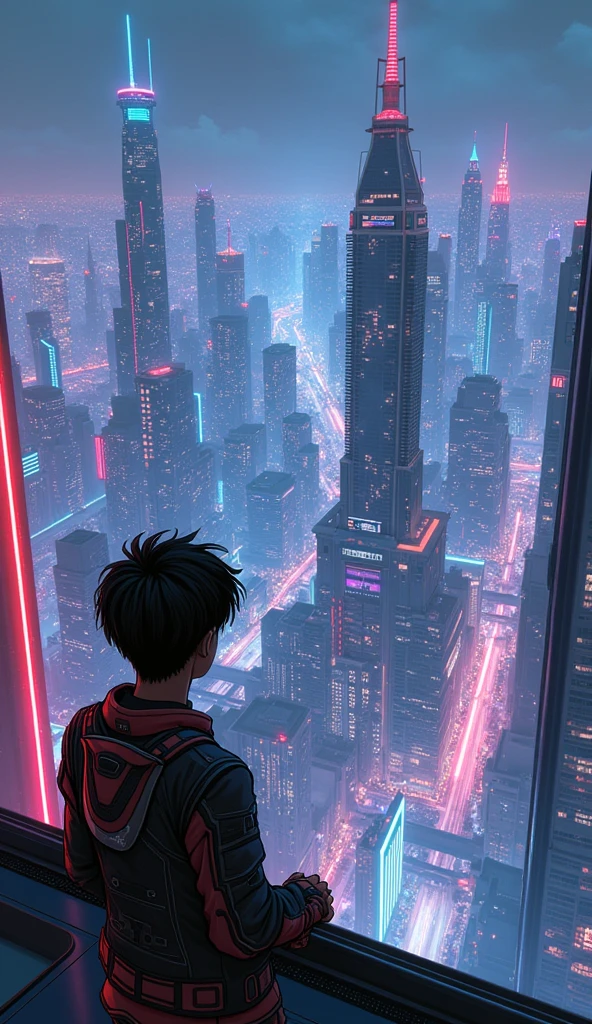 anime cyberpunk theme teenage boy looking at the city from a balcony of a skyscrapers overlooking a city(wide angle view)(glowing effect), makoto shinkai cyril rolando, makoto shinkai. —h 2160, style of afrofuturism aerial view,, ( ( makoto shinkai ) ), makoto shinkai. digital render, makoto shinkai!, beautiful anime scene A cyberpunk city street scene with full of neon lights, and futuristic buildings,The atmosphere is vibrant and bustling with people in high-tech attire, high resolution, captured in crisp detail, The background features a neon-lit cityscape, giving the cyberpunk atmosphere a touch of intimacy and tenderness, eye-level camera angle --s 250 --v 6.0 --no 3D effect, photorealistic.Hawaii, gta vice style , illustration , reteo comic illustration