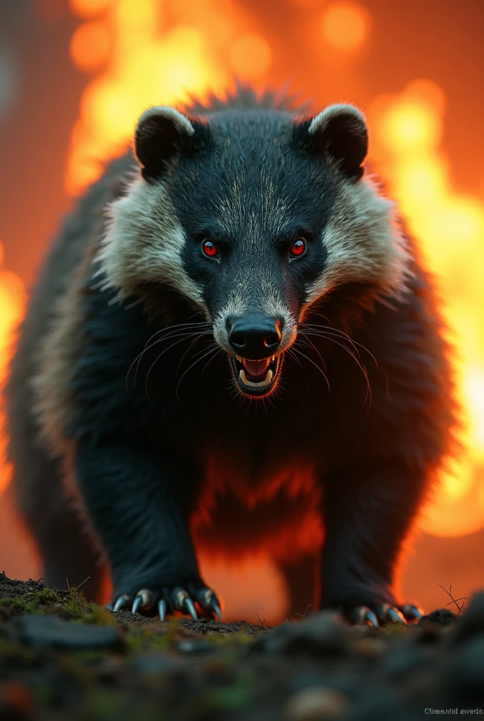 Last stand feral badger green black fur red eyes. Fire in background, focus on european badger