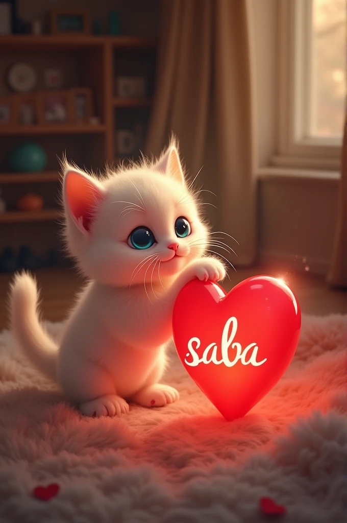 A fluffy white kitten with big blue eyes is reaching out playfully towards a glowing red heart that has the name 'Saba' written on it, in a cozy, warmly lit room."