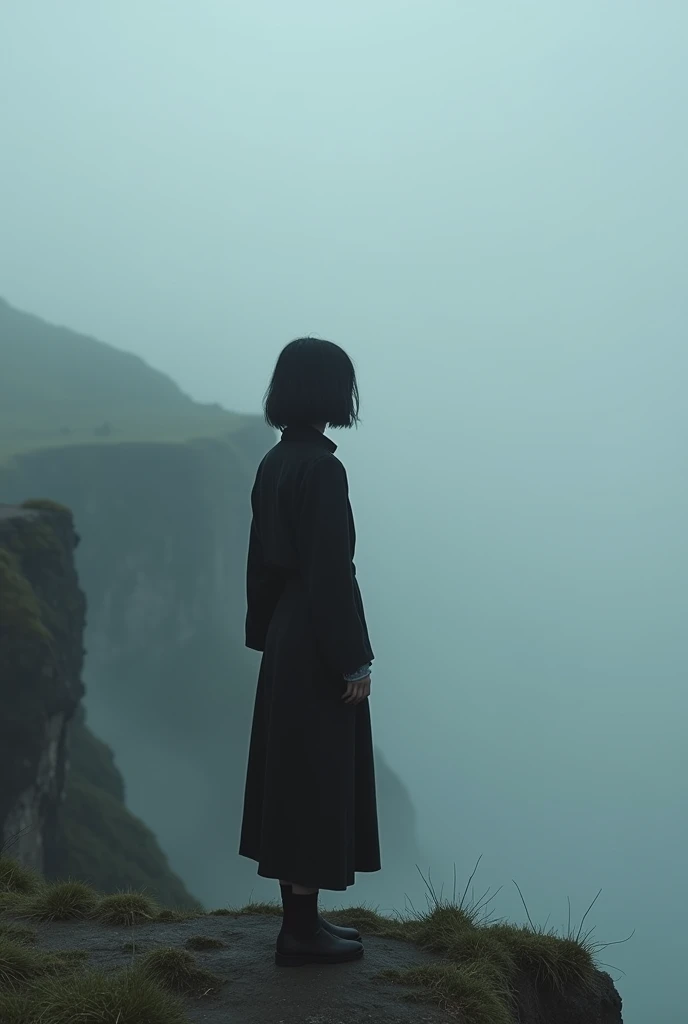 A five foot 4 inch 65 kg woman with wolf cut hair around shoulder length dress kinda masculine and very simple... Standing at the edge of a cliff looking out into depths and kinda cloudy, just contemplating life. Black hair.. Light brown skin.. Asian.... Viewed from the top behind ber.. At a far distance to scenic