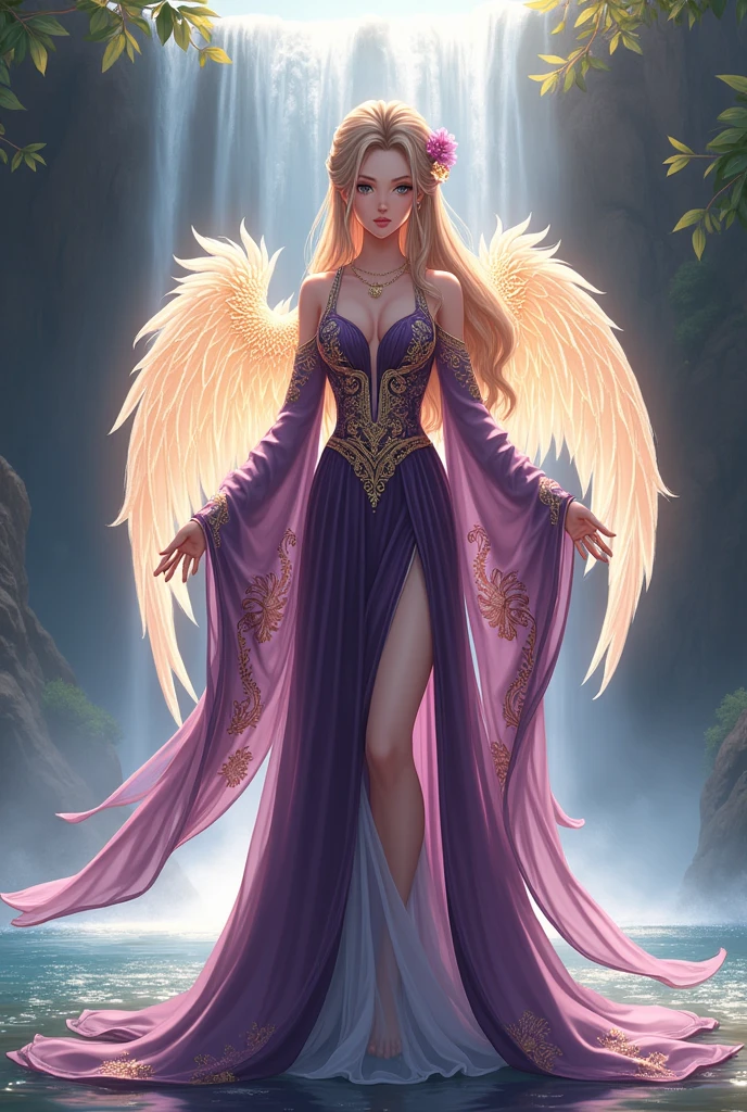 An anime girl with long, silky hair elegantly styled and adorned with small flowers wears a luxurious, richly embroidered Iranian gown in deep purples and golds. She stands gracefully in front of a sparkling waterfall, the sunlight wrapping around her like a warm embrace. Her elegant wings, adorned with patterns that reflect her gown, glow softly, creating a harmonious scene of peace and beauty.