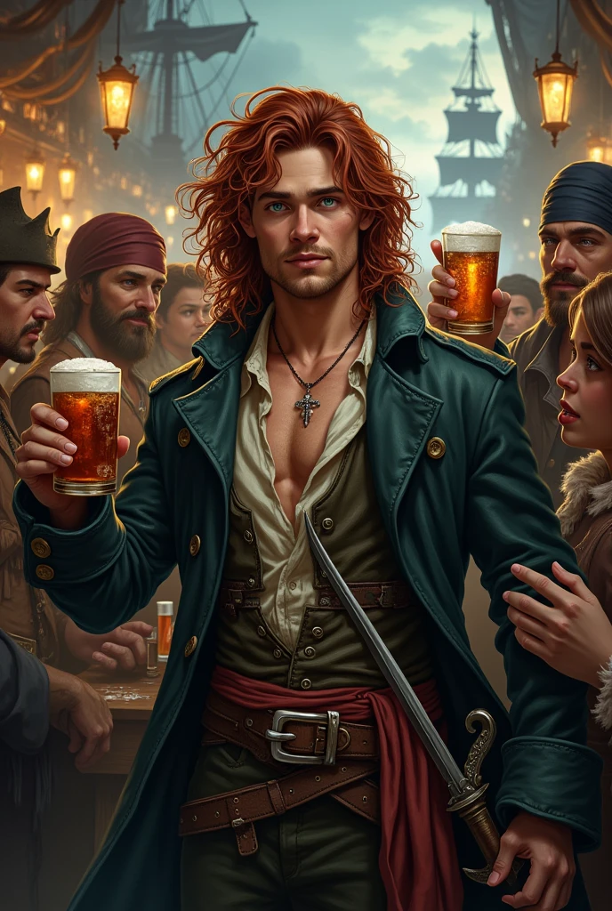 Generate the image of a pirate for a DnD campaign total body. A young male pirate around 20 years old with an excited face. He has long dark red curly hair, with dark red mustache and goatee. His eyes are dark green and he has a scar on his left eye. He’s wearing a leather trench coat, under the coat a soft shirt open, he’s wearing a belt with a red band, on the side he had two sabers and two XVI century guns. He’s wearing many bracelets and necklaces, he has many tattoo. He’s at the pub drinking rum, in the background the harbor of Tortuga