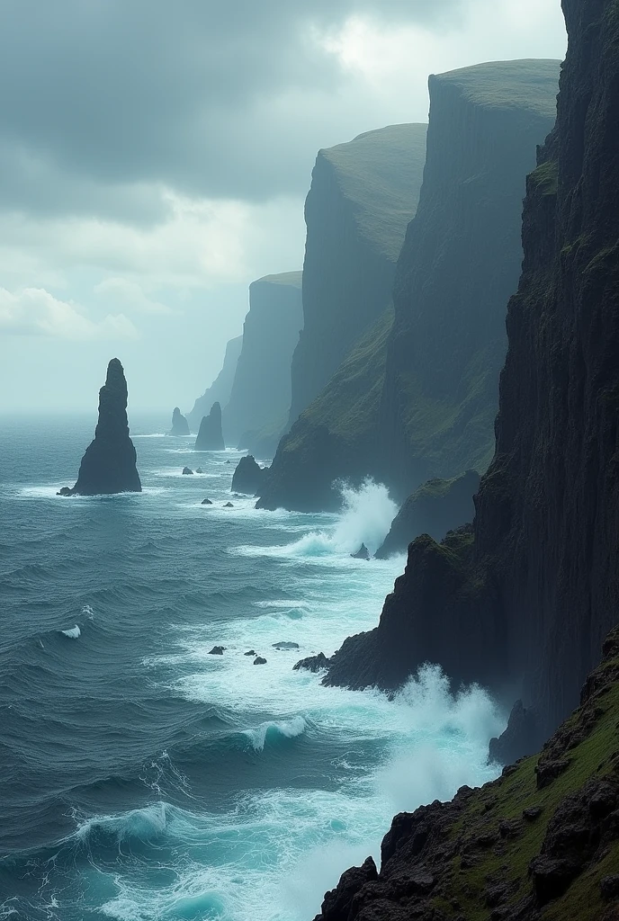 dramatic landscape of the Faroe Islands, showcasing rugged cliffs meeting the ocean.