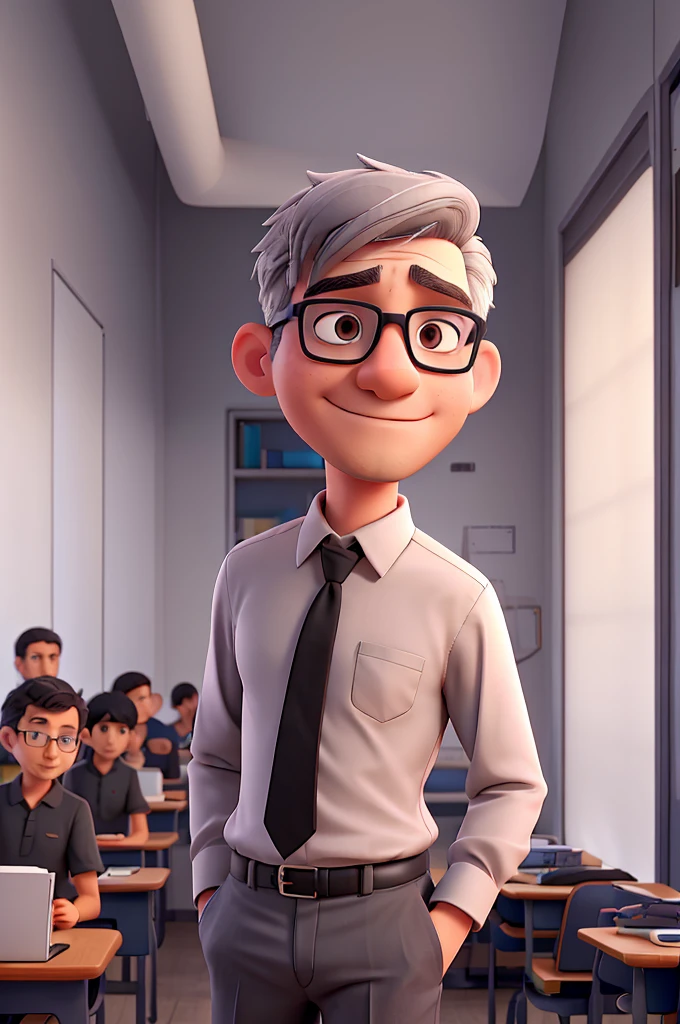 Male teacher, gray hair, black eyes, glasses, light shirt and gray pants, no tie, classroom background, 4 images of the same character in different positions and scenarios