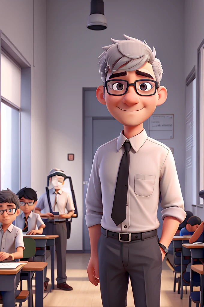 Male teacher, gray hair, black eyes, glasses, light shirt and gray pants, no tie, classroom background, 4 images of the same character in different positions and scenarios