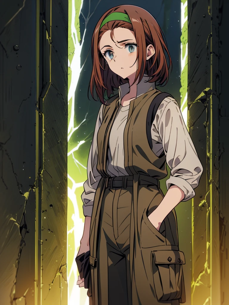 score_9, score_8_up, score_7_up, 8k, Highly Detailed, Masterpiece, source_anime, best quality, beautifully detailed eyes and beautifully detailed hair, 1girl, solo, Anime-style character illustration set against a solid black background. The character is a young woman with fair skin, long reddish-brown hair, and green eyes. She is wearing a green headband, a light grey long-sleeve shirt, and a brown utility vest with multiple pockets. Her outfit includes brown cargo pants with black straps and black combat boots. The character's facial expression is neutral, and she stands with one hand resting on her hip, exuding a confident and composed demeanor, background is arbitrary