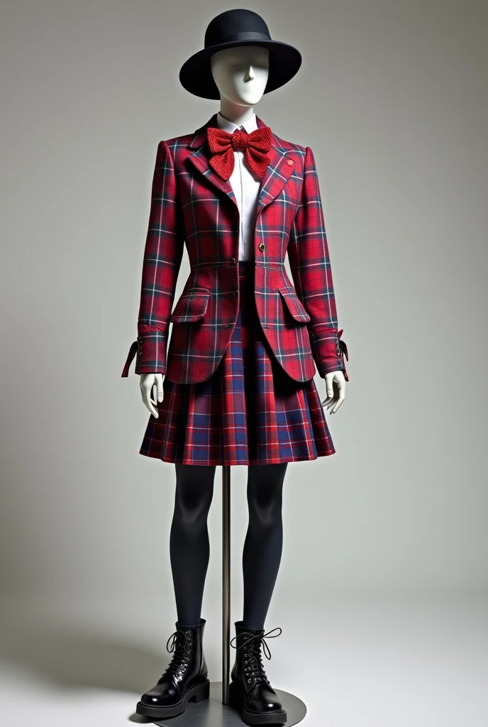 A mannequin wearing a Korean school uniform: a red and blue plaid waist-length shirt that is not buttoned, a red and blue plaid skirt, a red glittery bow tie, black lace-up boots, and a black bowler hat.