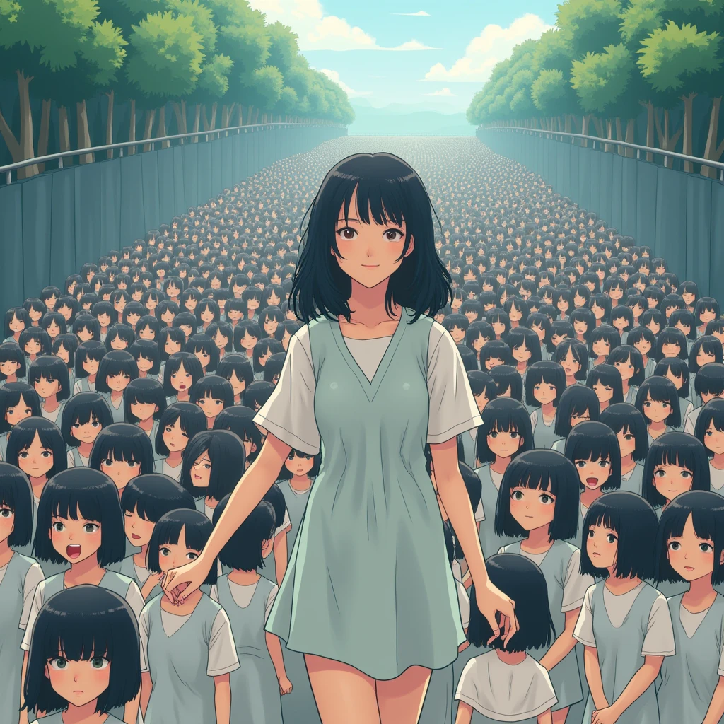 (((((Japanese Clone girls=Myself)))))), (((Best Super High quality Myself Clone girls Raw Photography Art))), (16K, Highest quality, Ultra-high resolution, RAW Photos), (((It&#39;s so unrealistic., With unparalleled depiction, With an unfathomable sight, An unprecedented and shocking worldview, Clone girls in a world of mass reproduction, Ultra-realistic))), (((Japanese, woman, 20yo, Saito-Asuka))), (Small face, ((Thick black hair, Semi-long hair))), ((V-neck short-sleeve dress)), (((((Very detailed美しい女体, Accurate body structure, Very detailed完璧な, Super busty body with very large breasts, Clearly emphasizes cleavage))))), (((Dark Eyes, Mature face, Cute Smile, A gentle gaze))), (((Her happy and smiling expression is so cute))), ((((((((Very detailed分身増殖描写, ((1girl→Myself cloning→1,000,000,000,000,000,000,000,000,000,000,000,000,000,000,000,000,000,000,000,000Myself Clone girls)))))))))), ((((((((Very detailed, The precise depiction of the proliferation of Myself Clone girls, ((With the perfectly identical bodies of Myself clone girls, With the exact same face as the Myself clone girls, With the exact same hairstyle as the Myself clone girls, In the exact same clothes as the girls who are my clones, Perfectly the same height as the Myself clone girls, Super big breasts, just like the Myself clone girls)))))))))), (((Myself clone girls only))), (((Multiple pairs, Very detailed depiction, (Myself clone girls hug each other, Myself clone girls assemble, Fun conversations with fellow Myself clone girls, A fun conversation between Myself clone girls, Myself clone girls holding hands, Walking with lots of Myself clone girls, turn around, look at me, The approaching crowd of Myself)))), (((Everyone looks at the camera))), (((Unbelievably crowded, Transcendent Myself clone girls intimately, Countless Myself clone girls surround you in 360 degrees))), (Bright, soft sunlight), (((Very wide field of view, Very detailed, Detailed ultra-perspective depiction with clear depth, super wide view))), (((((On a steep, curved road))))), (((Very photographic and detailed depiction, Myself clone girls will multiply infinitely and fill the surroundings from one side to the horizon with their bodies tightly packed together without any gaps., A scene of endless Myself clone girls, giving a happy vibe.))), (Focus on the average value of the image)