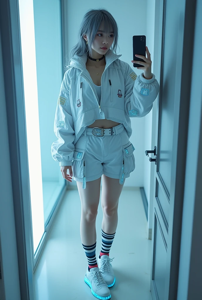highly detailed, beautiful, hyper Realistic girl, masterpiece, best quality, Depict a mysterious and sophisticated beautiful Japanese gravure model,, 28-years-old, identity hidden, all body shot, / gray arranged hair, small head, Detailed face, cute and Pretty slim face, wide Duck mouth, perfect beautiful Tooth, arranged gray hair, shiny eyes, blue-colored eyes, Realistic skin, Detailed face, / Here’s a chic and futuristic costume design based on a cyberpunk jogger theme:
Top: A white cropped over sized jacket with luminescent blue circuitry patterns and silver badges, blending cyberpunk and authority. The jacket features a high collar and zippered front for a sleek look.
Bottoms: Slim, high-waisted short Leggings with striped Knee-high socks, zettai ryouiki, holographic side stripes, and functional cargo pockets, offering both style and utility.
Footwear: white, sleek Sneaker with neon blue soles and reinforced ankles, ensuring both durability and a cutting-edge appearance.
Accessories: A minimalistic belt with gold buckles, matching gold earrings, and LED-enhanced gloves, all exuding a powerful and authoritative presence. //// simple white single room, gray frame mirror, complicated background /// takes a selfie in her room using a smartphone in front of a mirror with one hand, standing and fashion model Posing, all body below shot, looking away from the camera,
