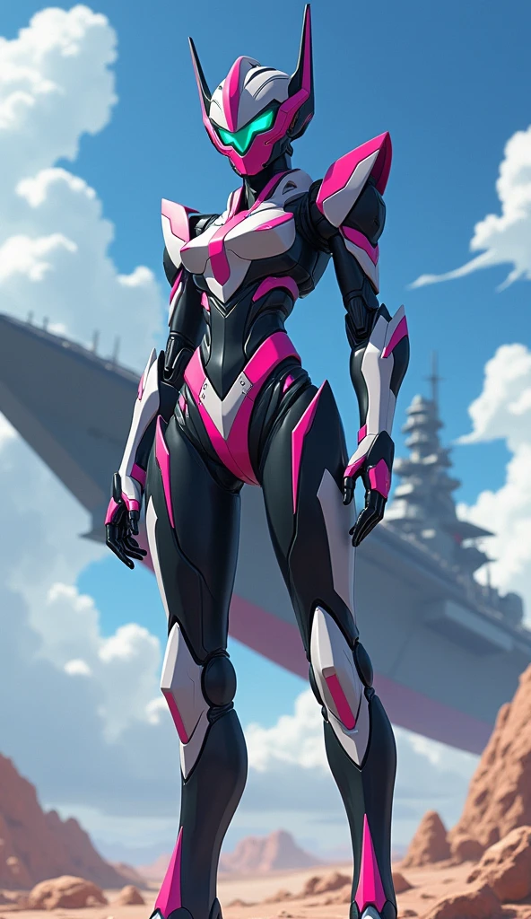 Anime Style, Giant humanoid robot, A full-body image of a slender female knight-like super robot in black, white and pink　universe, Battleship, 