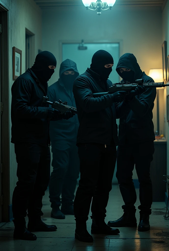 Make a group of 4 robbers with robbery clothes and masks, house one with rifle
