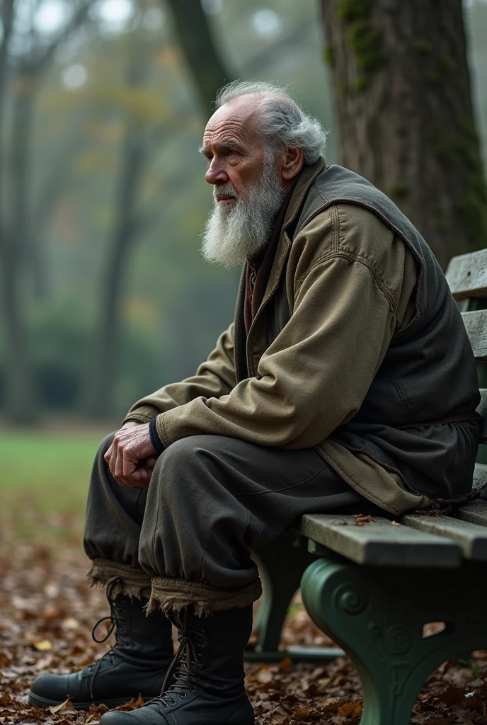 a hulking elderly man with worn, tattered clothing sitting on a bench in a Victorian era park, looking sad, cinematic lighting, realistic, detailed, 8k