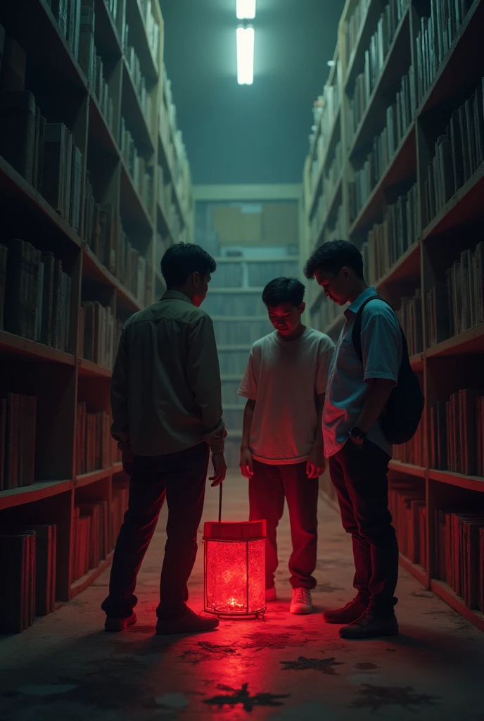 An old, dusty library in a Thai university, with a group of four friends—Nok , Pong, Aom, and Bank—standing around a mysterious red notebook. The notebook is warm to the touch, with cryptic messages written in blood-red ink. The atmosphere is eerie, with dim lighting casting long shadows across the ancient bookshelves.