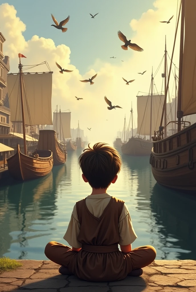 Boy from behind sitting cross legged, watching the sea full of vessels arriving with cargo, with a late afternoon sky full of birds, in a medieval time.