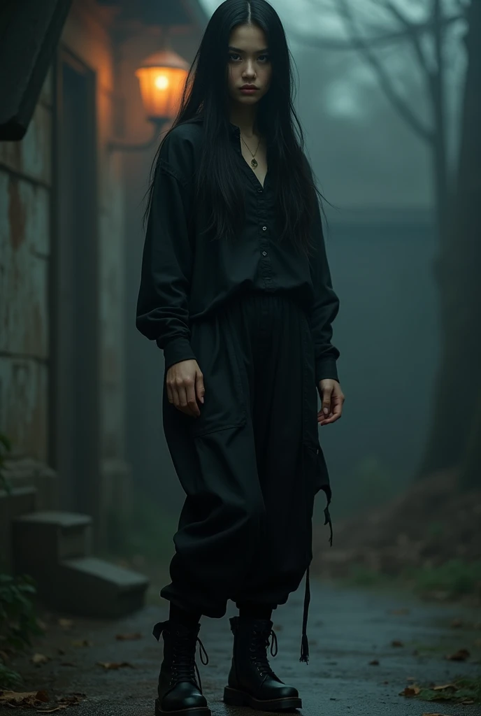 black hair, Bullish, black loose clothes, shirt and pants, black boot, longye hair, dark shaped eyes, a 30 year old woman, in a place at dusk, Surrealism, 8k, super detail, high details, high quality, make her be a thai, the face is a little long, the jaw is semi-formed,  