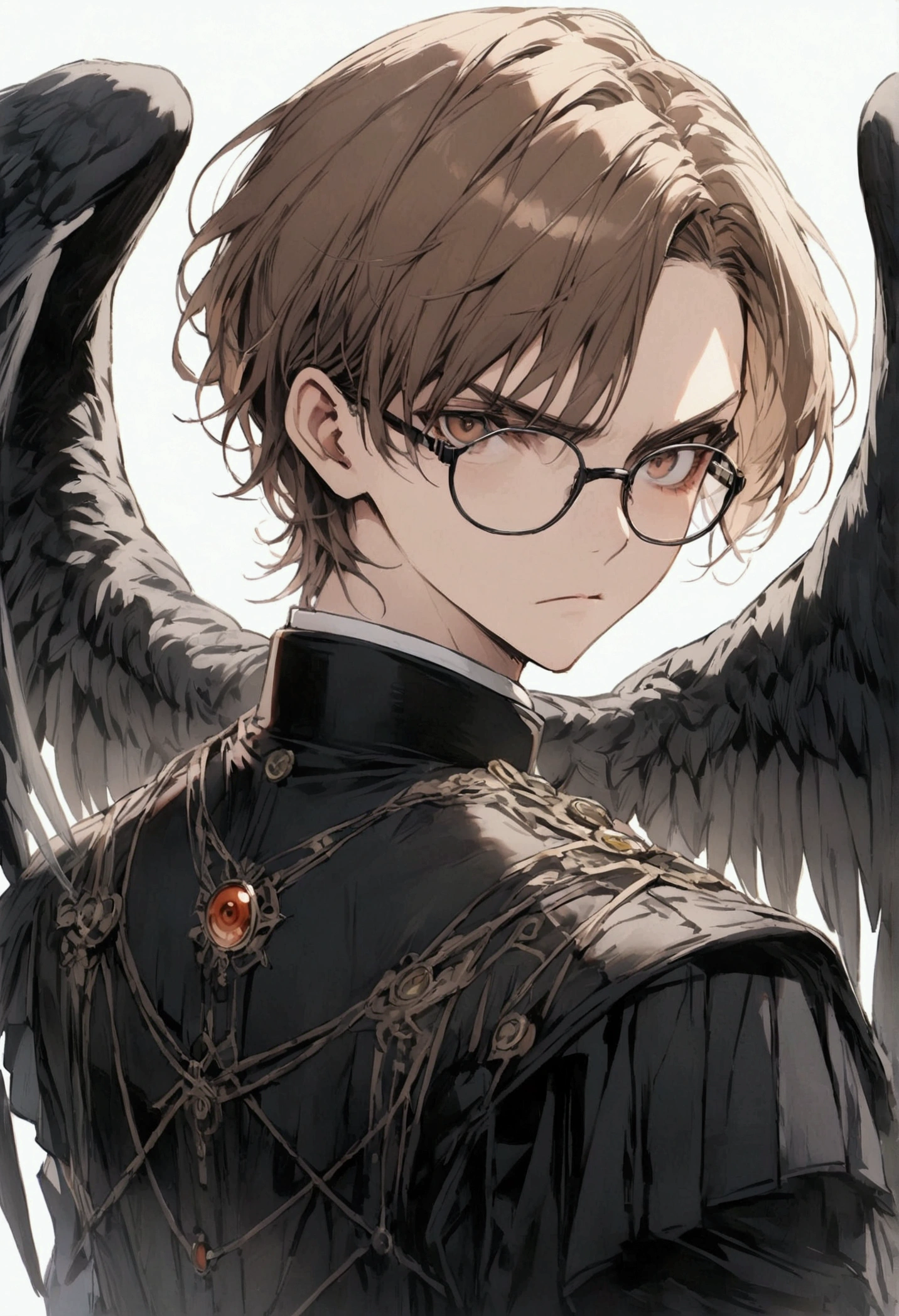 The guy has brown hair, Brown eyes, black glasses for vision, black clothes, Black wings behind the back, serious look