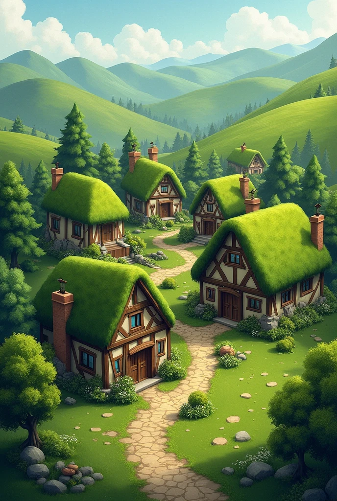 A quaint village with traditional turf-roofed houses, nestled among the green hills.