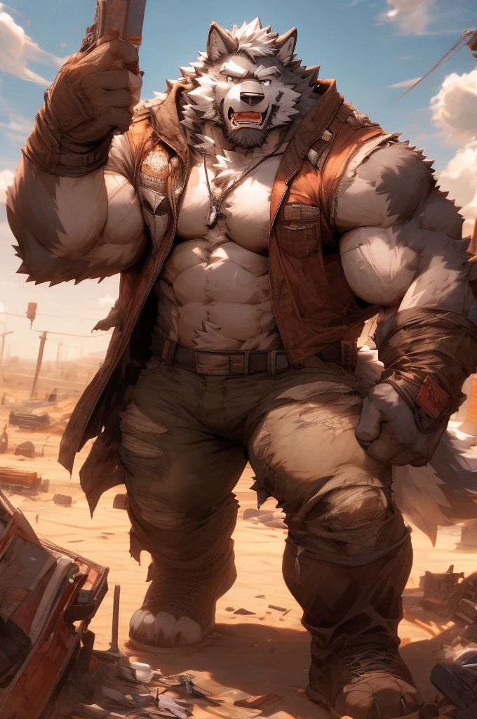 Furry, wolf, man, bara, muscular, apocalypse survivor, wasteland, destroyed city, ripped clothes, torn clothes, high quality, high resolution