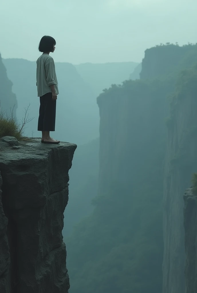 A five foot 4 inch 65 kg woman with wolf cut hair around shoulder length dress kinda tomboyish and very simple... Standing at the edge of a cliff looking out into depths and kinda cloudy, just contemplating life. Black hair.. Light brown skin.. Asian.... Viewed from the top far behind her to make it look more scenic