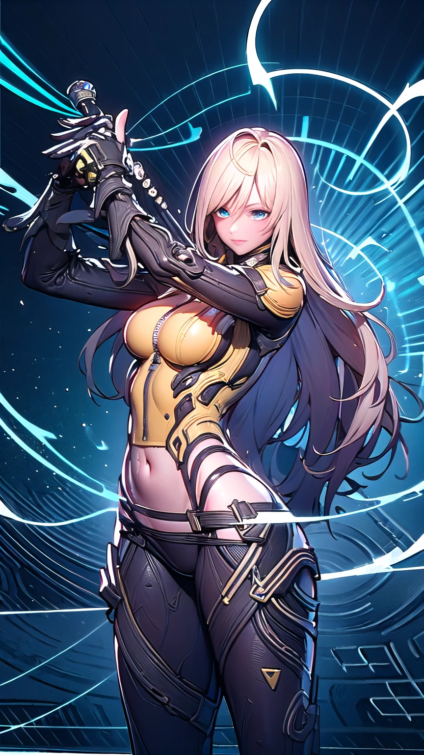 Elena from star ocean 6, long yellow hair in loose sheaf, sapphire blue eyes, skin tight ultra-low-rise leather pants, fitted yellow jacket 3/4 cropped, (black motorcycle boots), holding futuristic beam weapon, in various fighting poses, highly detailed face, intricately detailed hands, best hands, perfect, background of vivid cosmic swirls of color, 16k, masterpiece, award winning digital art, strong_negative