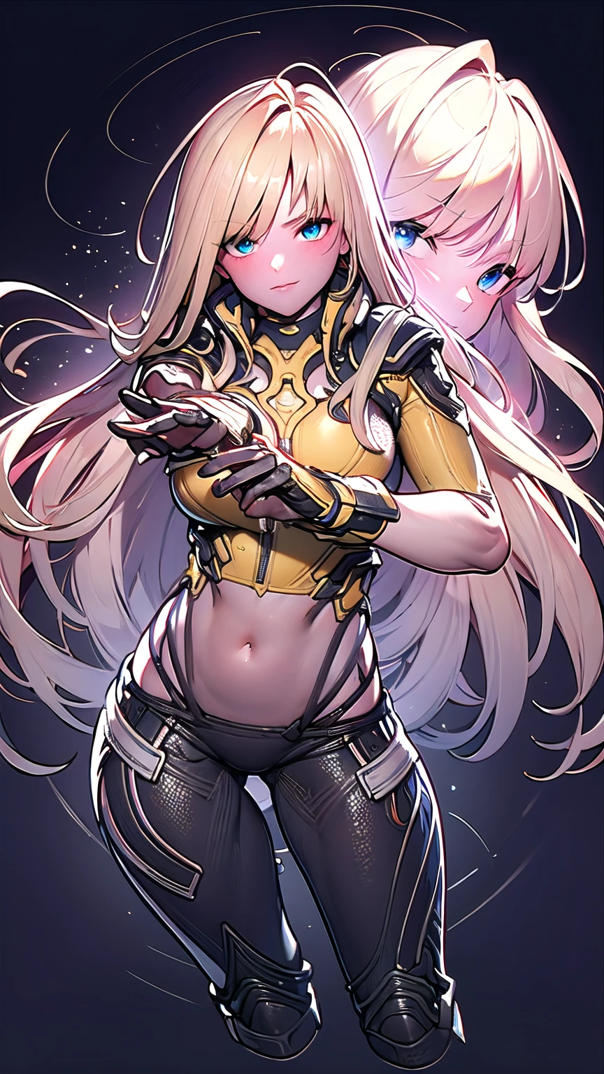 Elena from star ocean 6, long yellow hair in loose sheaf, sapphire blue eyes, skin tight ultra-low-rise leather pants, fitted yellow jacket 3/4 cropped, (black motorcycle boots), holding futuristic beam weapon, in various fighting poses, highly detailed face, intricately detailed hands, best hands, perfect, background of vivid cosmic swirls of color, 16k, masterpiece, award winning digital art, strong_negative