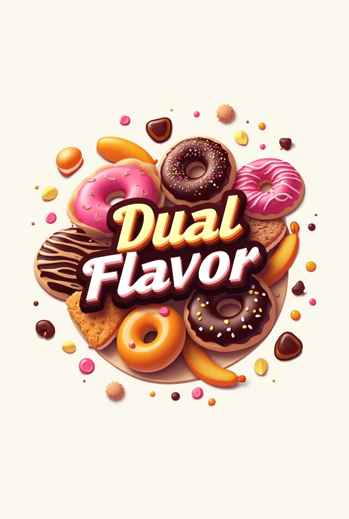 A logo for a business that is called the business is about sweet things like donuts, pastries and salty things like. Gummies with spicy and chamoy that appear as a mix of product and that have as a title in large letters DUAL FLAVOR IN SPANISH THE TITLES
