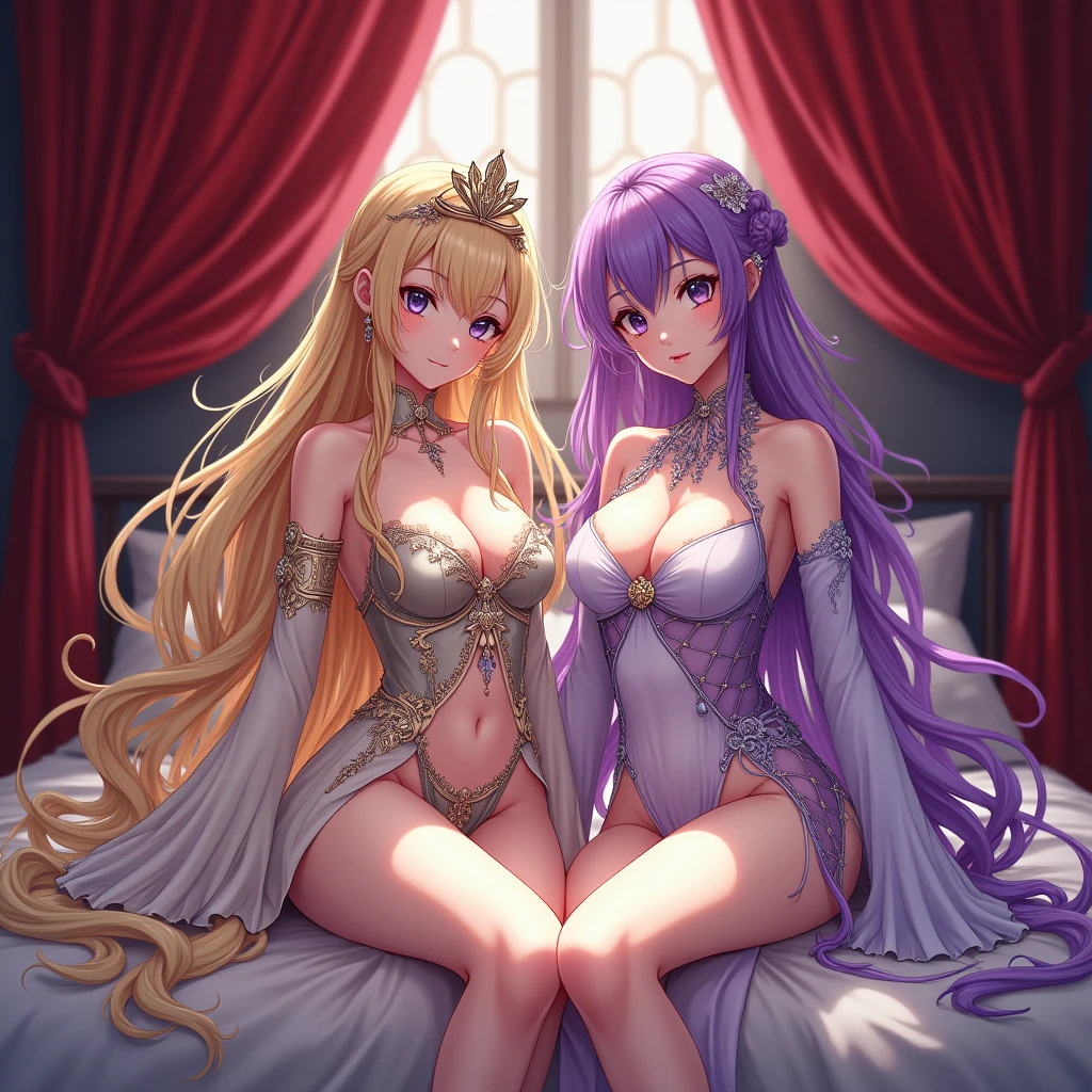 Anime character sitting on the bed with red curtains, Epic light novel art cover, Light novel cover art, Algeria Pendragon,  Wear clothes, anime goddess, epic Light novel cover art, violet evergarden, seductive anime girl, vinland saga, pixiv 3dcg, Blonde long hair anime girl, Blonde Princess, Yuuki Asuna High Resolution, masterpiece, best quality, Big breasts, 2 girls, looking at the audience, 