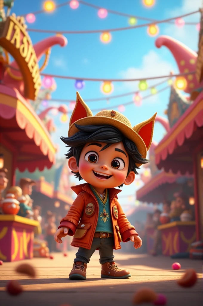 Image Description: A bustling fair with colorful stalls, lights, and people enjoying rides. Rajoo is seen with a playful grin, ready to cause trouble.