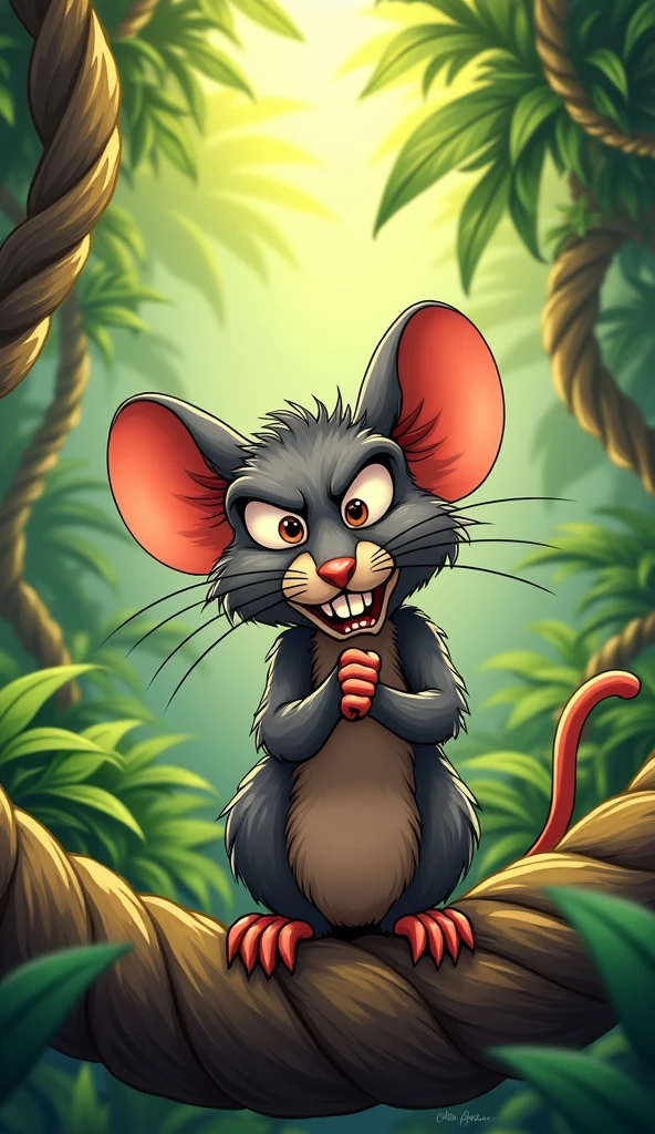 Show a mouse closeup chewing ropes.
The background is jungle and mouse is serious.
Show as cartoons