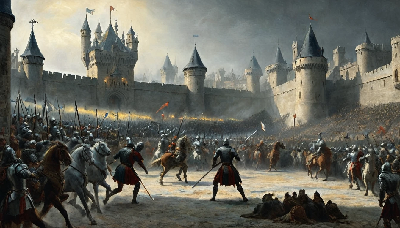 A scene from a medieval tournament depicted in the style of Gustave Doré. The image is rendered in monochromatic tones, with intricate details and dramatic contrasts of light and shadow. Knights in dark, richly detailed armor clash in the center of the image, their movements frozen in a moment of intense action. The background shows towering castle walls and looming figures of spectators, with their expressions carved in intense focus. The scene is filled with a sense of grandeur and intensity, capturing the epic scale and dark elegance characteristic of Doré's illustrations., Surrealism, Hyperrealism, UHD, masterpiece, accurate, anatomically correct, award winning, 16k