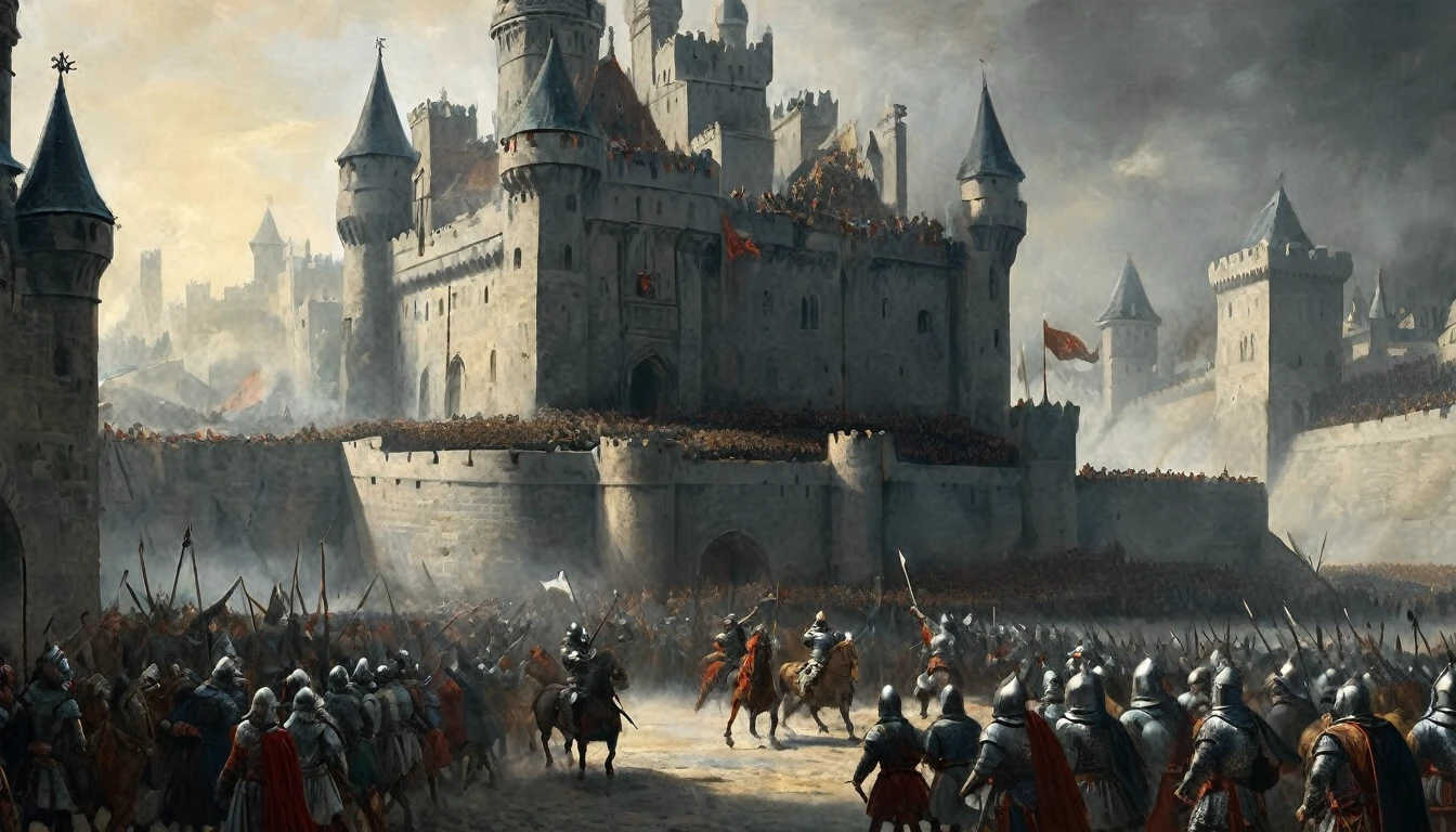 A scene from a medieval tournament depicted in the style of Gustave Doré. The image is rendered in monochromatic tones, with intricate details and dramatic contrasts of light and shadow. Knights in dark, richly detailed armor clash in the center of the image, their movements frozen in a moment of intense action. The background shows towering castle walls and looming figures of spectators, with their expressions carved in intense focus. The scene is filled with a sense of grandeur and intensity, capturing the epic scale and dark elegance characteristic of Doré's illustrations., Surrealism, Hyperrealism, UHD, masterpiece, accurate, anatomically correct, award winning, 16k