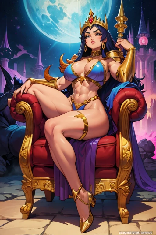 SheRa Princess of Power muscular bodybuilder Woman sitting on a crystal throne in the background a magic Castle. Fullbody image. Frank Frazetta fantasy art.