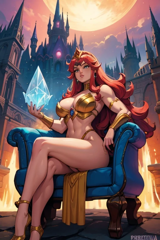 SheRa Princess of Power muscular bodybuilder Woman sitting on a crystal throne in the background a magic Castle. Fullbody image. Frank Frazetta fantasy art.