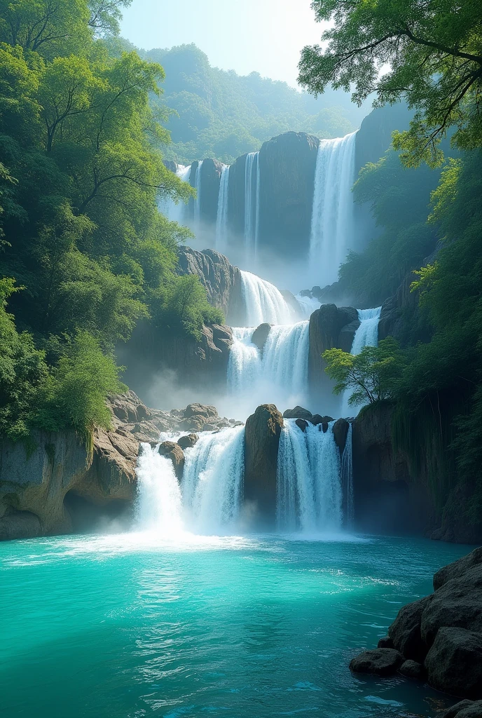 The stunning Kuang Si Waterfall, with turquoise blue water cascading down multiple tiers.