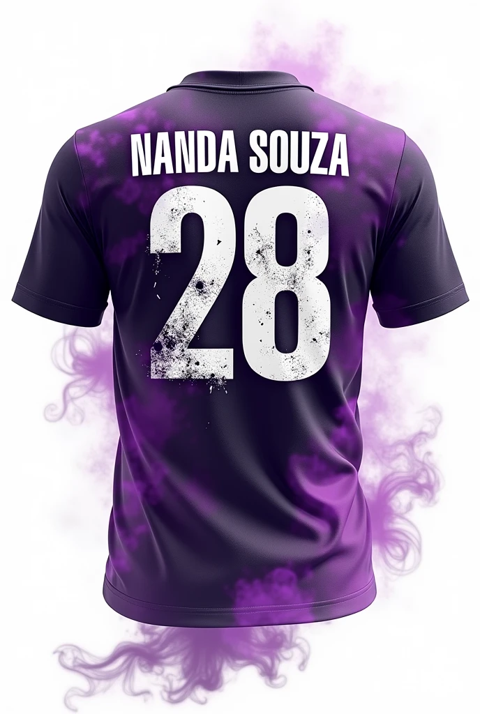 Back of the Shirt:
- Cor: White - Details: purple smoke, that can spread to the sides.
- Numbering: 28 Large, with nail marks. 
- Name Nanda Souza: Above the numbering, put the name in a font that complements the design, also in purple.